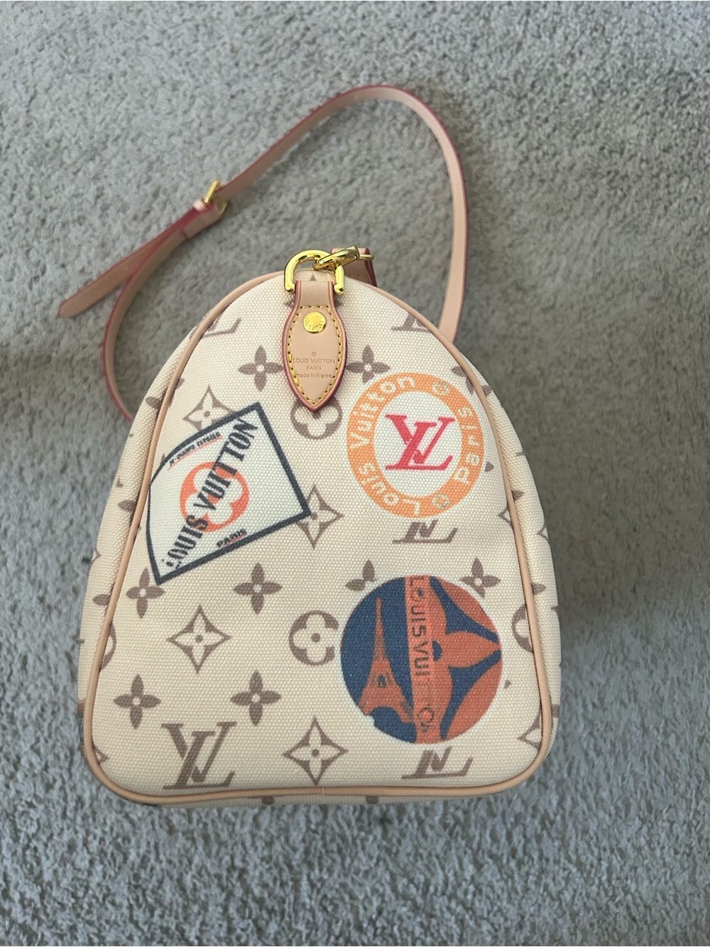 Beige Monogram Travel Patch Satchel with Blue Tag and Pink Straps - Picture 5 of 14